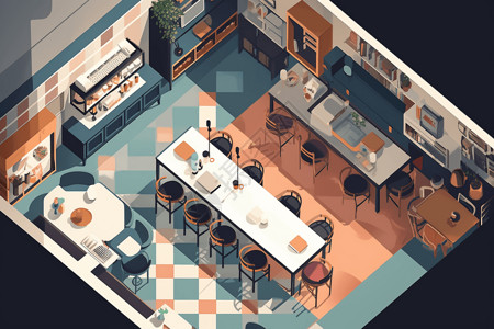 餐厅装修效果画廊咖啡馆效果轴测图插画