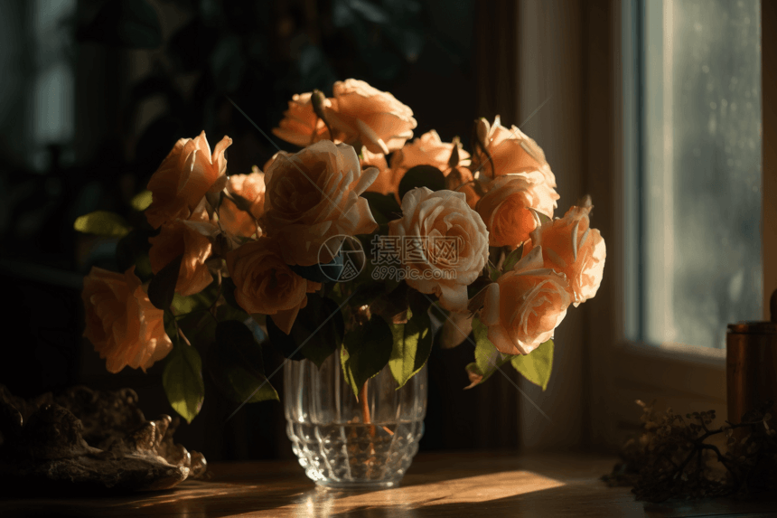 精致的桃色玫瑰花瓶图片