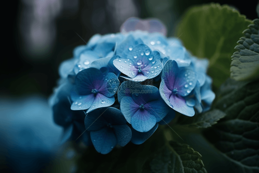 盛开的蓝色绣球花图片