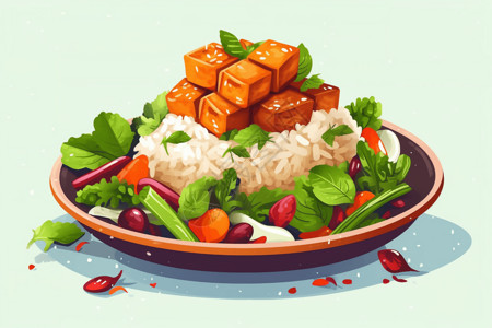 黑芝麻和白豆腐新鲜蔬菜和豆腐盖浇饭插画