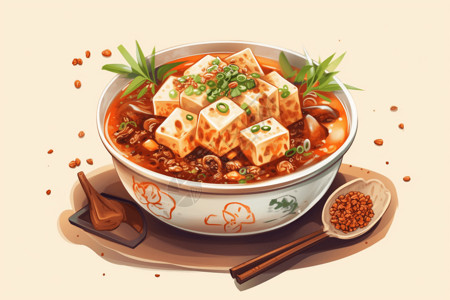 黑芝麻和白豆腐美味鲜辣的麻婆豆腐插画