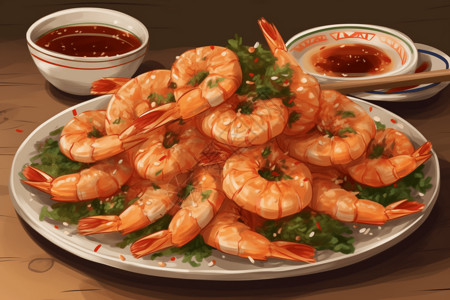 红米椒一盘酥脆金黄的盐椒虾插画