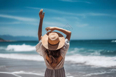 戴帽子女性夏日海滩度假的女子背景