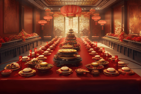 传统中式婚宴卡通插图背景图片
