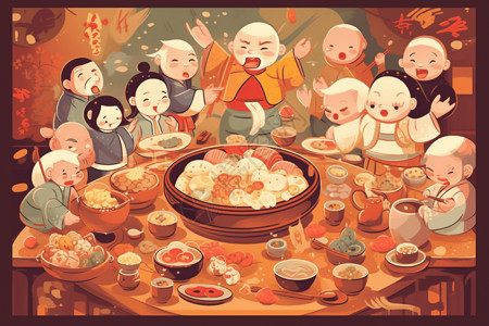 年夜饭活动农历新年的彩色插图插画