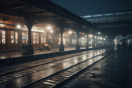 雨中的火车站背景图片