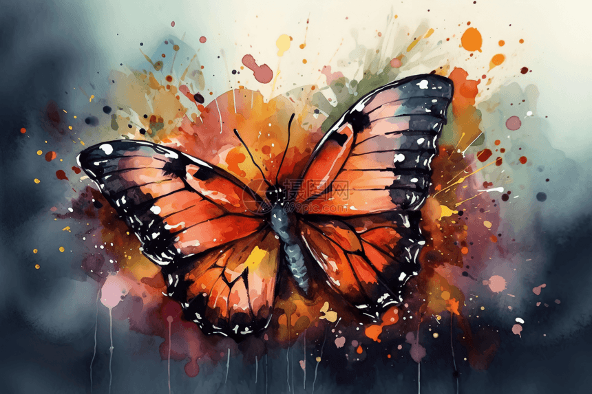 彩色蝴蝶的水彩插画图片