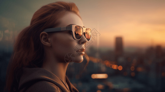 戴墨镜表情符号城市背景下戴着AR眼镜的女人设计图片