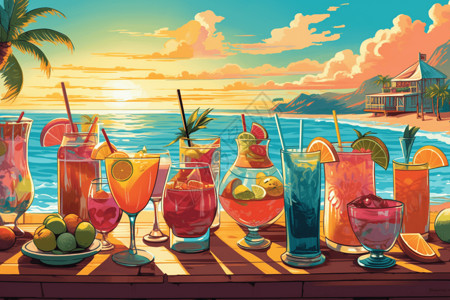 不同类型的酒水夏季热带鸡尾酒插画