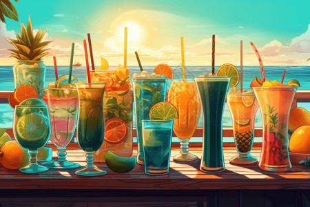 不同类型的酒水热带鸡尾酒插画