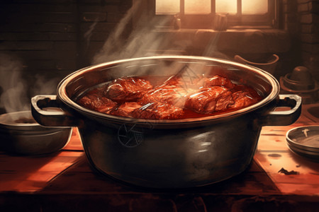 传统中餐一锅美味的红烧肉插画