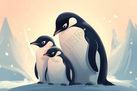 企鹅爸爸带着两个孩子高清图片
