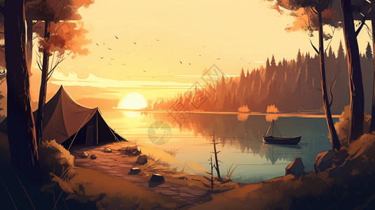 帐篷支在湖边插画