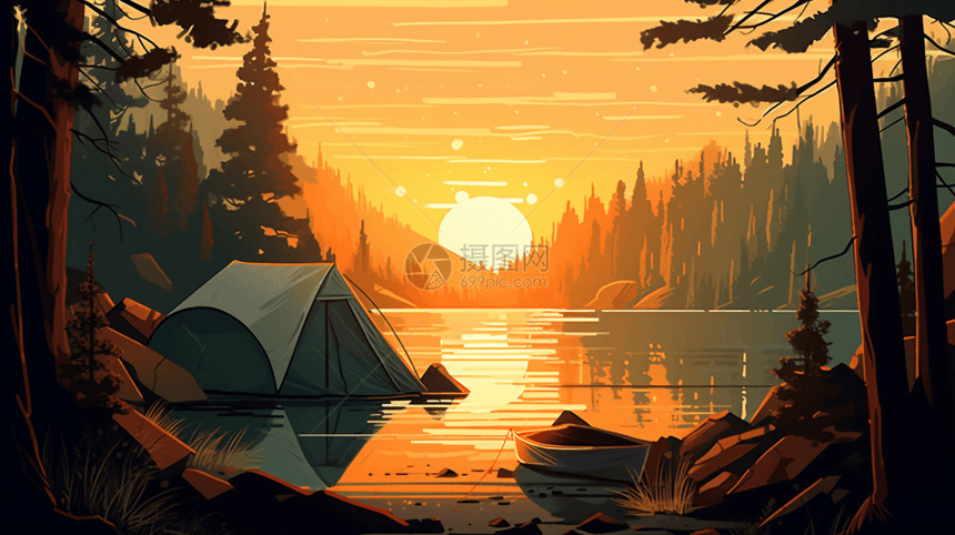 帐篷在一个宁静的湖边露营图片
