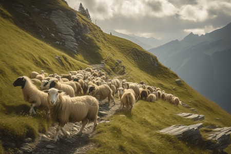 山脉上的羊群图片