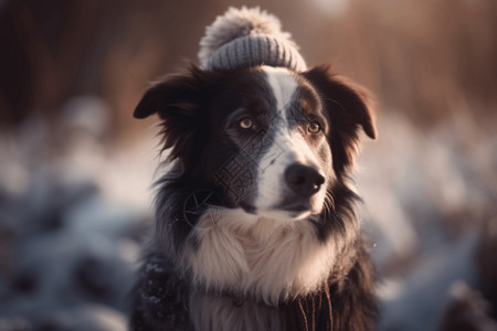 雪中戴帽子的边境牧羊犬背景图片