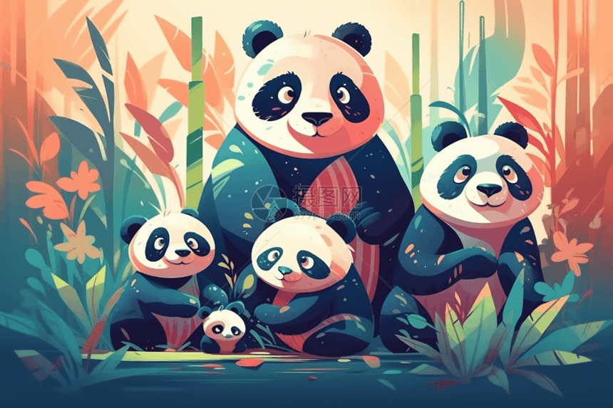 竹林里可爱的卡通国宝熊猫图片
