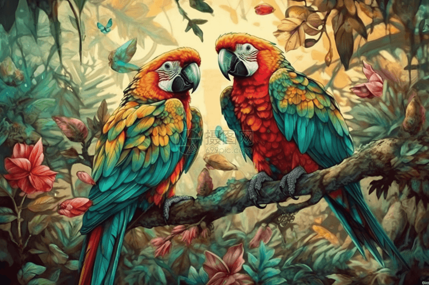 雨林里树枝上的彩色鹦鹉图片