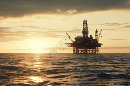 海上开采日出时的海上石油钻井平台背景