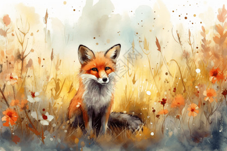 花朵中的狐狸背景图片