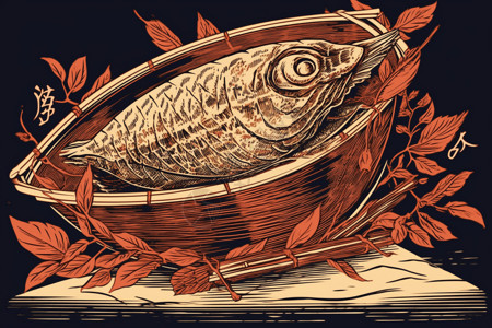 烤鱼美食展架美味的烤鱼插画
