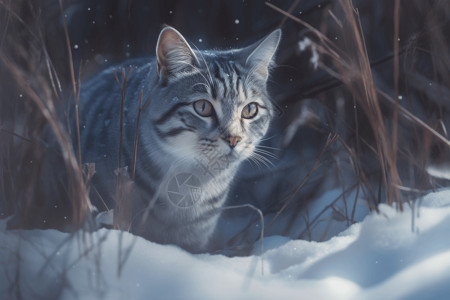 雪中行走的猫咪图片