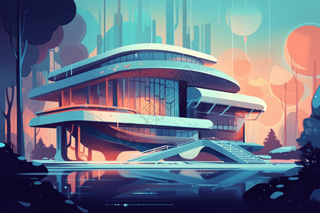 现代建筑效果图美术馆建筑的未来派风格插画