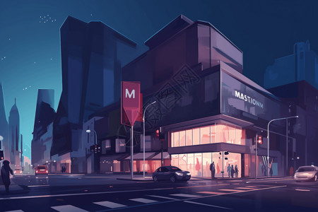 楼体外观效果图繁华的城市中的博物馆夜景效果图插画