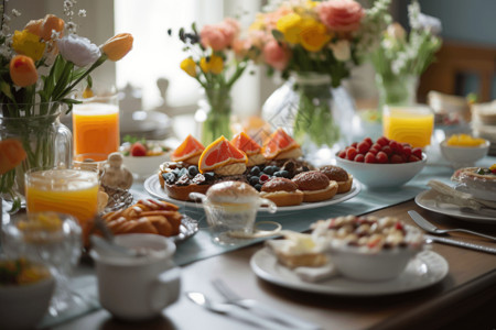 摆满鲜花和装饰品的精美早午餐高清图片