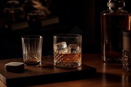 威士忌玻璃杯和瓶子图片