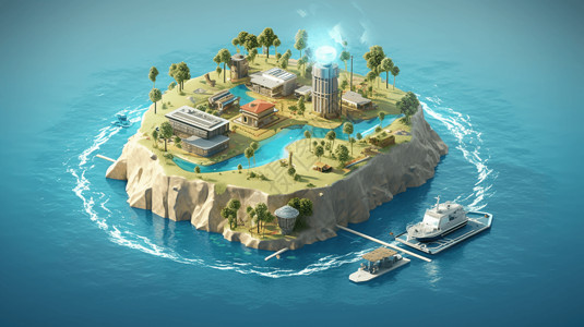 城市枢纽作为电力枢纽的海域人工岛插画