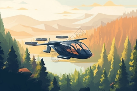 科技山脉山脉里的飞行汽车插画