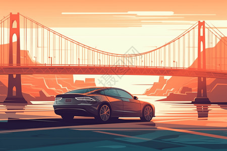 海湾大桥桥下的自动驾驶汽车插画