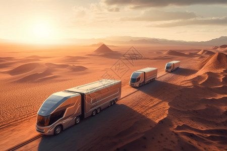 无人驾驶公交车无人驾驶卡车在广阔的沙漠中插画