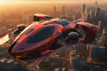 一辆未来飞行汽车在城市上空盘旋图片