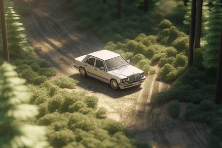 汽车在蜿蜒的森林小道上行驶阳光高清图片素材