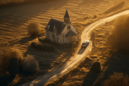 汽车行驶在小乡村教堂的碎石路上旅行高清图片素材