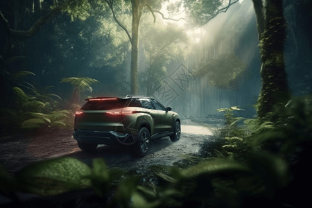 热带雨林背景汽车行驶在郁郁葱葱的热带雨林中设计图片