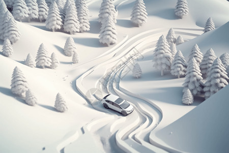 松树上的雪公路上行驶的汽车插画