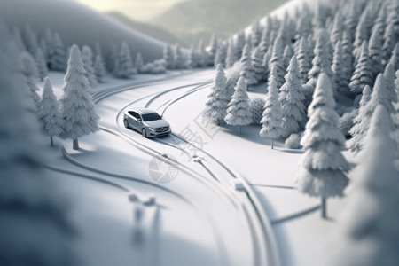 松树上的雪雪山公路上的汽车插画
