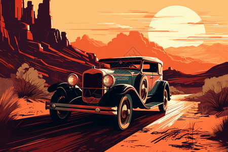 老式汽车沿着沙漠道路行驶背景图片