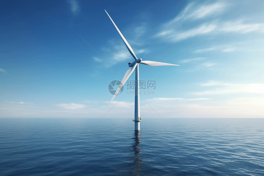 平静海水的风力发电设备图片