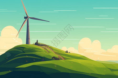 一个风力涡轮机高高耸立在绿色山顶背景图片