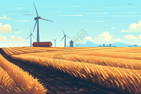 农田鸟瞰图麦田中间的风力涡轮机插画