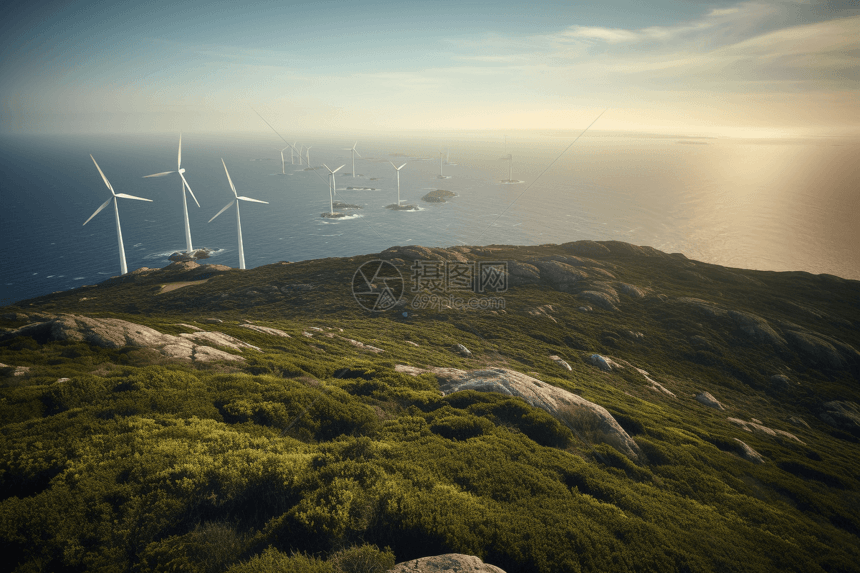 高耸的风力涡轮机俯瞰着广阔的海洋。图片
