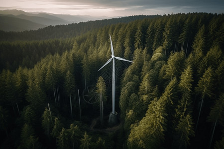 森林上空的风力涡轮机背景图片