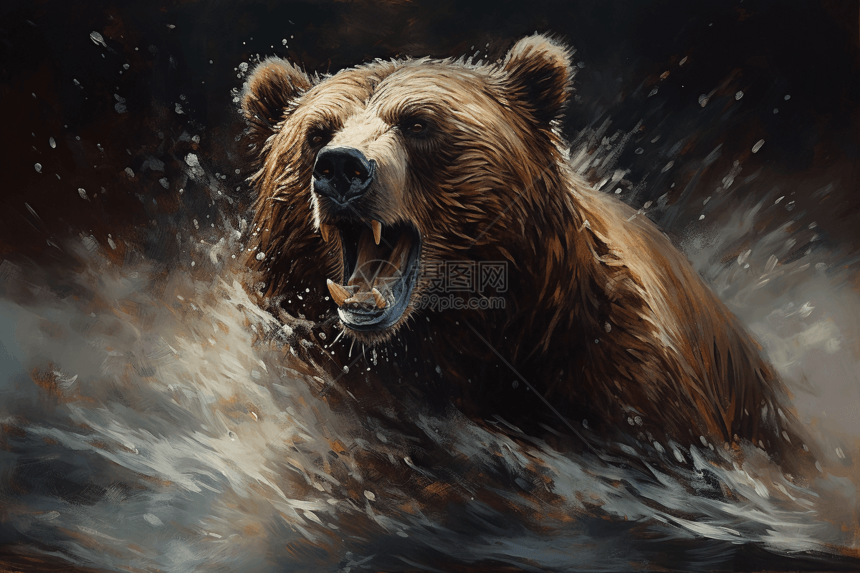 棕熊在水中咆哮图片