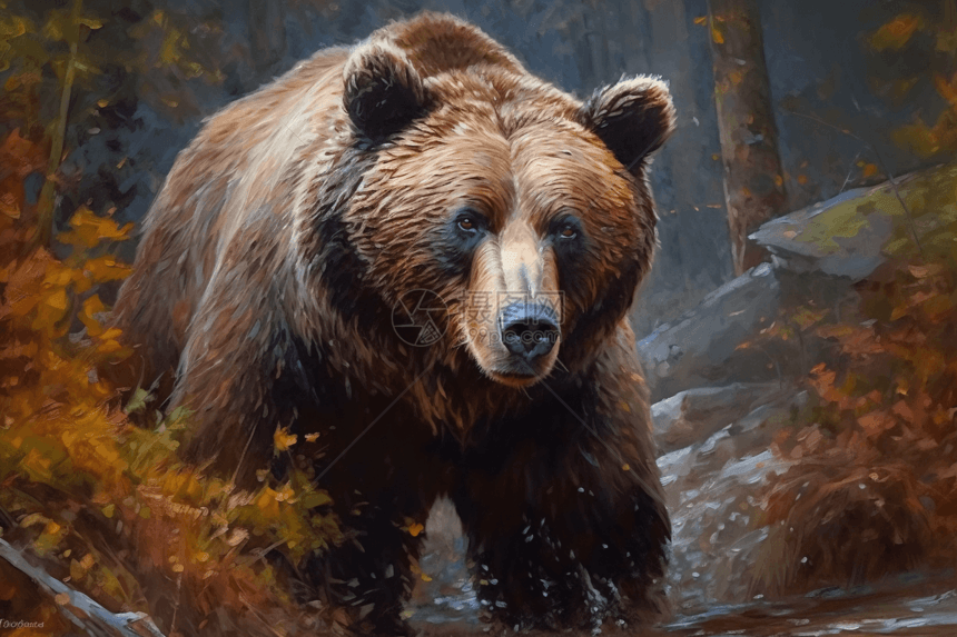 森林中的一直棕熊的插画图片