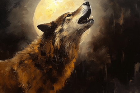 孤狼对着月亮嚎叫的油画图片