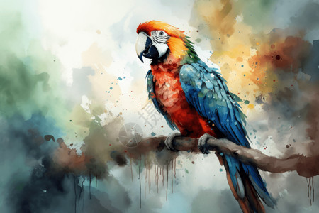 彩色金刚鹦鹉栖息在热带雨林的鹦鹉插画